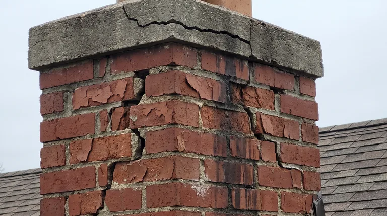 Damaged brick chimney stack with cracked mortar joints